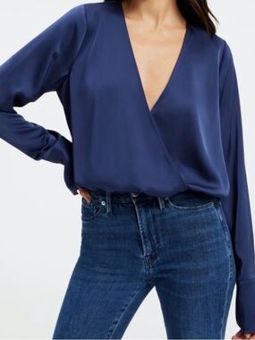 Good American Satin Long Sleeve Faux Wrap Top in Navy Size M NWT